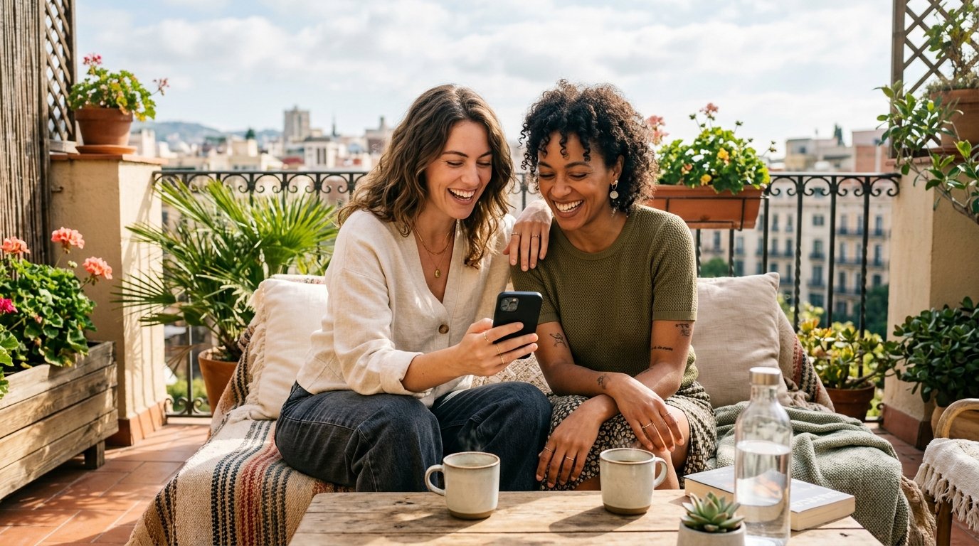 Two stylish women smiling on a terrace balcony checking a smartphone