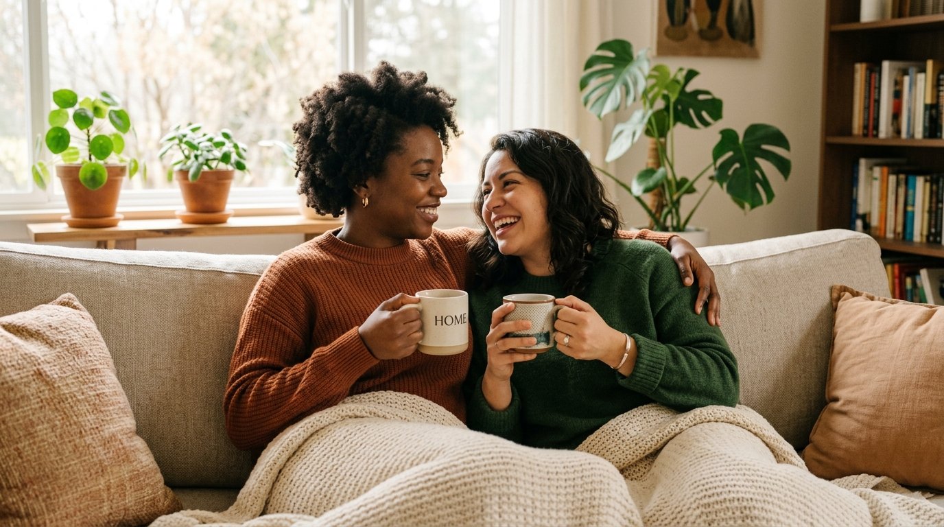 Two women relaxing on sofa