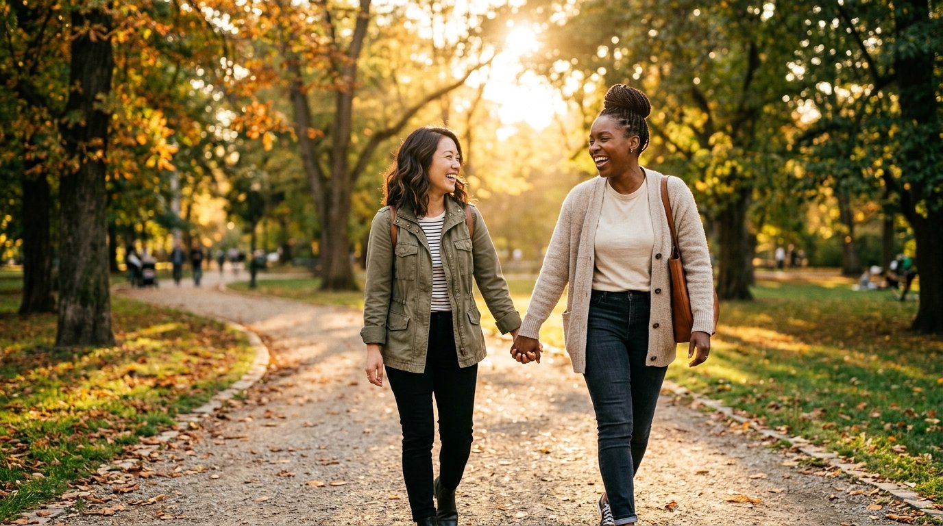 Two women walking and holding hands in a sunlit park