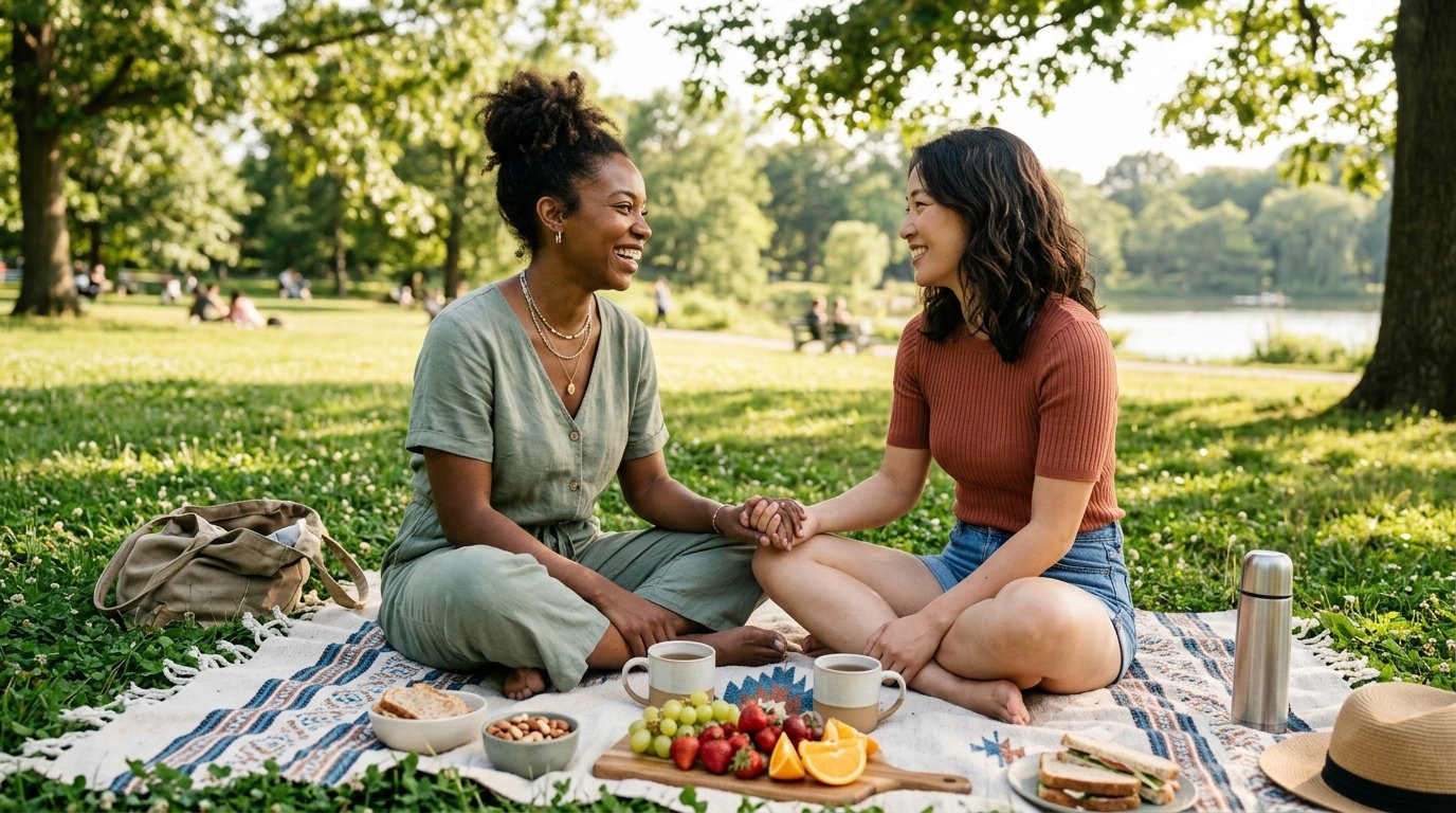 Two women holding hands and laughing on a sunny park picnic
