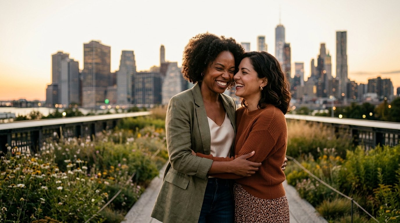 Two diverse lesbian women embracing warmly in romantic golden hour sunlight overlooking the skyline